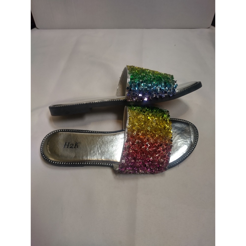 H2K Womens Rainbow Glitter Slide Sandals Metallic Silver Flat Slip On Shoes 7
